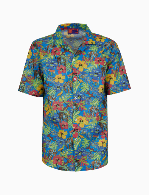 Men's light blue cotton Hawaiian shirt with jungle motif - Shirts | Gallo 1927 - Official Online Shop
