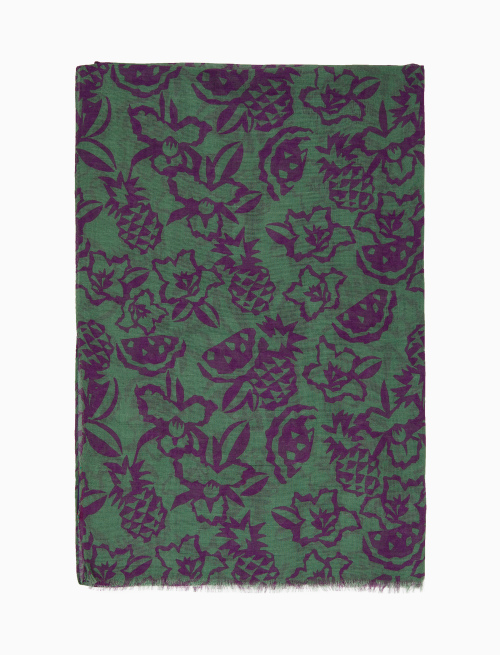 Unisex green lightweight cotton/linen scarf with flower, pineapple and watermelon motif - Accessories | Gallo 1927 - Official Online Shop