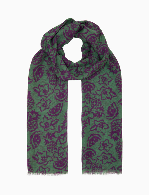 Unisex green lightweight cotton/linen scarf with flower, pineapple and watermelon motif - Accessories | Gallo 1927 - Official Online Shop