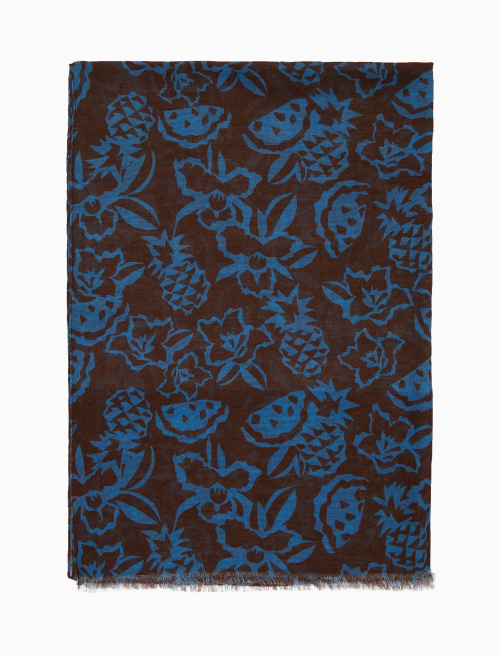 Unisex brown lightweight cotton/linen scarf with flower, pineapple and watermelon motif | Gallo 1927 - Official Online Shop