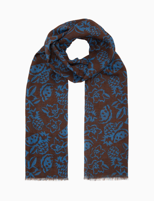 Unisex brown lightweight cotton/linen scarf with flower, pineapple and watermelon motif - Accessories | Gallo 1927 - Official Online Shop