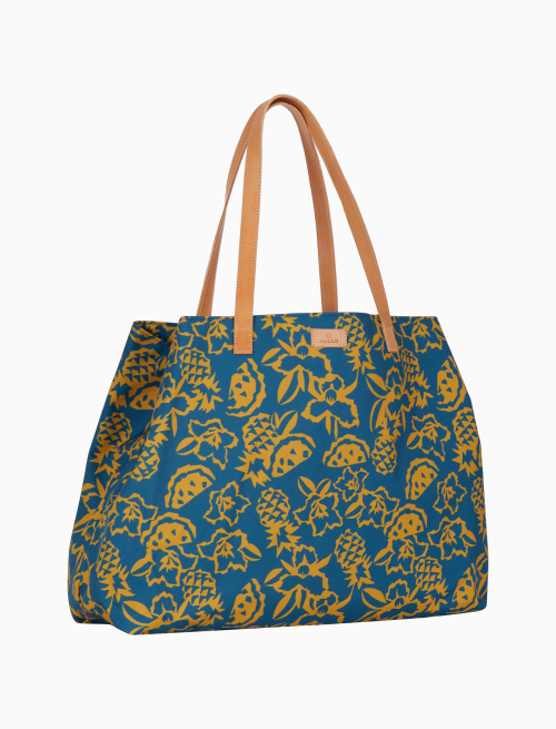Women's light blue beach bag with flower, pineapple and watermelon motif and leather handles - Leather Goods | Gallo 1927 - Official Online Shop