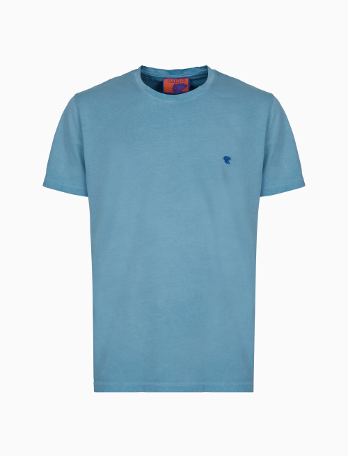 Unisex plain light blue garment-dyed cotton T-shirt with crew-neck - T-Shirts | Gallo 1927 - Official Online Shop