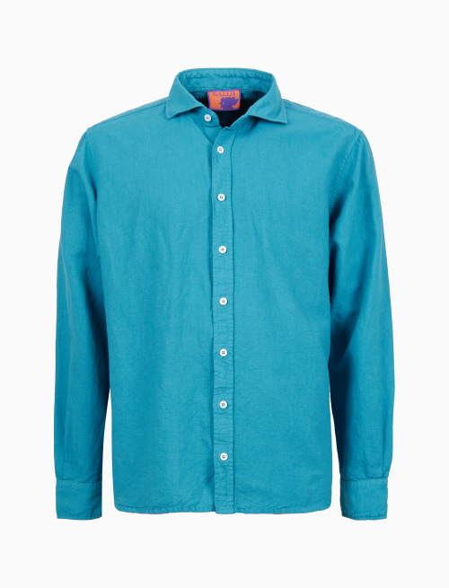 Camicia uomo lino tinto capo tinta unita azzurro - Polo | Gallo 1927 - Official Online Shop