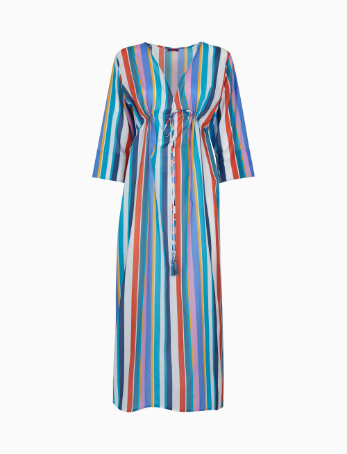 Women's long white cotton kaftan with multicoloured vertical stripes - Beachwear | Gallo 1927 - Official Online Shop