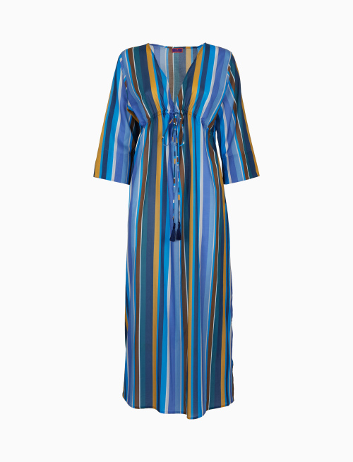 Women's long blue cotton kaftan with multicoloured vertical stripes - Beachwear | Gallo 1927 - Official Online Shop