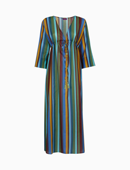 Women's long green cotton kaftan with multicoloured vertical stripes - Beachwear | Gallo 1927 - Official Online Shop