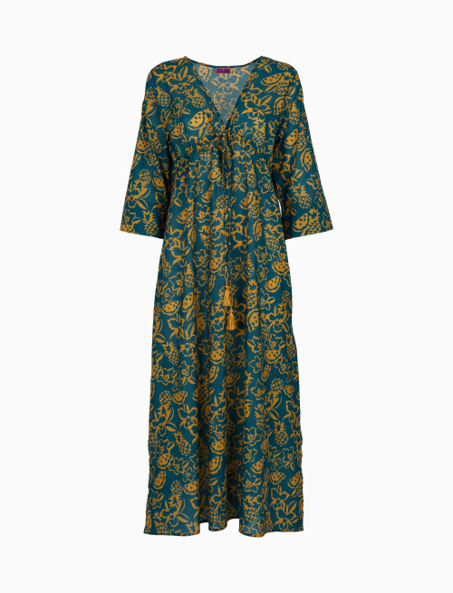 Kaftano lungo donna cotone fantasia fiori anans e angurie azzurro - Beachwear | Gallo 1927 - Official Online Shop