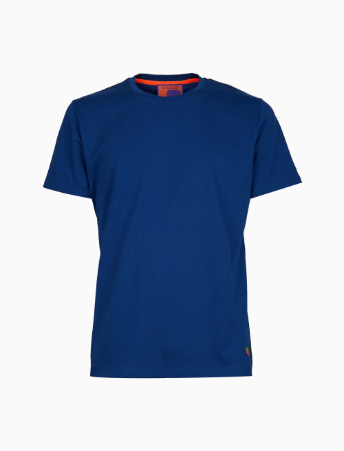 Unisex plain blue cotton crew-neck T-shirt with colourful rooster print - Clothing | Gallo 1927 - Official Online Shop