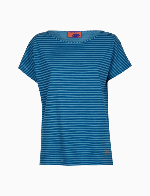 Women's light blue garment-dyed cotton T-shirt with Windsor stripes - T-Shirts | Gallo 1927 - Official Online Shop