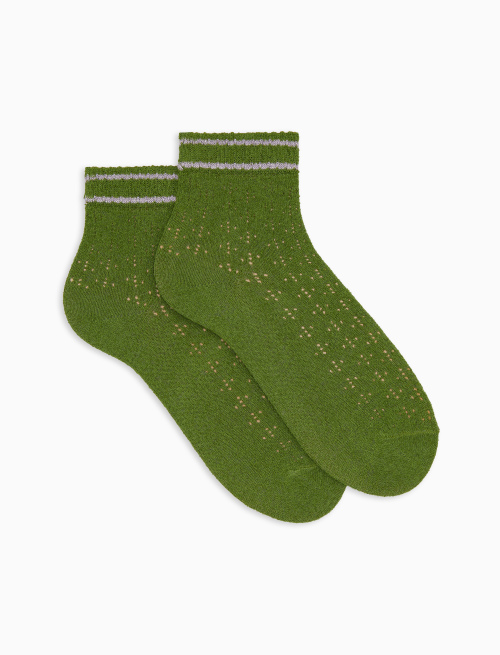 Women's super short plain green cotton socks with lurex stripes - Super short | Gallo 1927 - Official Online Shop