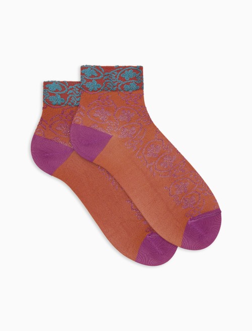 Women's super short orange viscose socks with ramage motif and contrasting cuff - The SS Edition | Gallo 1927 - Official Online Shop