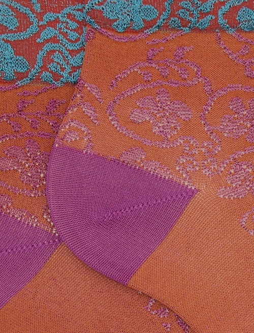 Women's super short orange viscose socks with ramage motif and contrasting cuff - Socks | Gallo 1927 - Official Online Shop