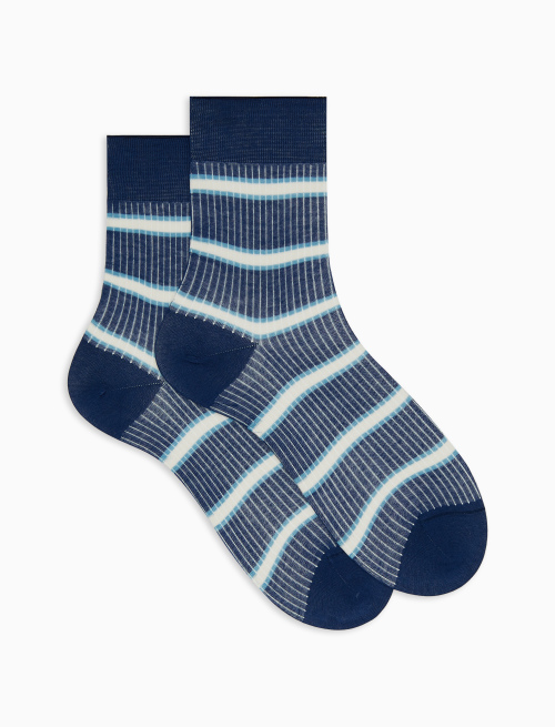 Women's medium-short blue cotton socks with stripes and ribbing - The SS Edition | Gallo 1927 - Official Online Shop