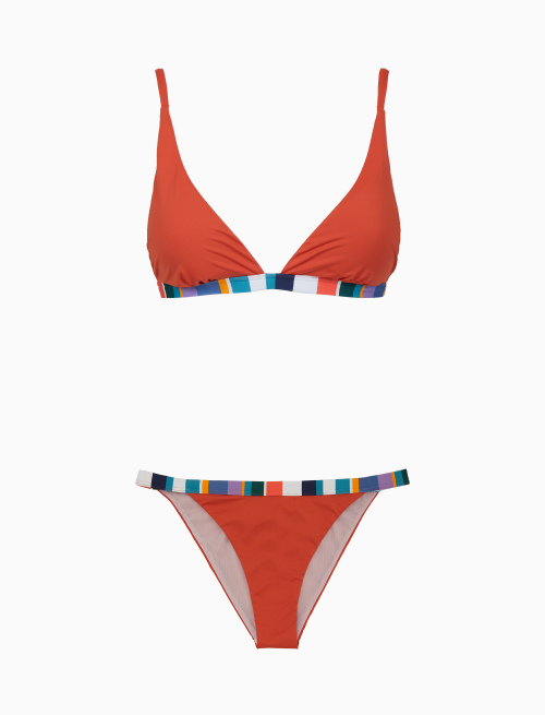 Women's plain orange triangle bikini with multicoloured edging - Beachwear | Gallo 1927 - Official Online Shop
