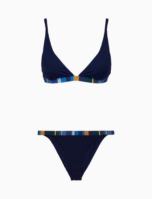 Women's plain blue triangle bikini with multicoloured edging - Beachwear | Gallo 1927 - Official Online Shop