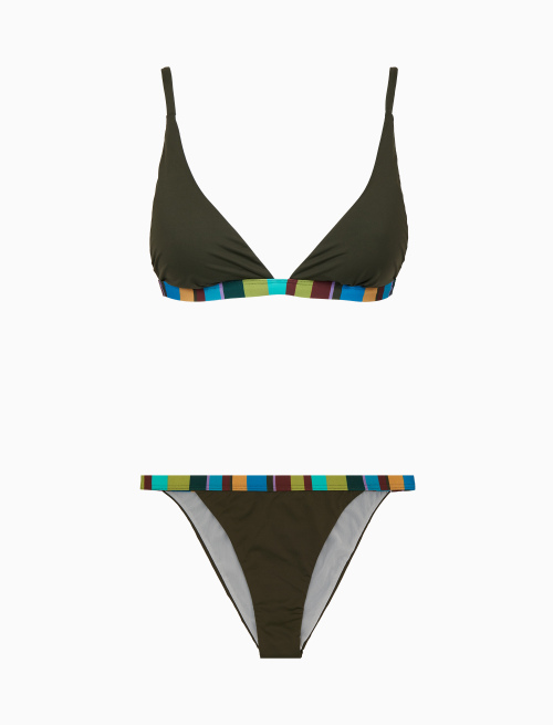 Women's plain green triangle bikini with multicoloured edging - Beachwear | Gallo 1927 - Official Online Shop