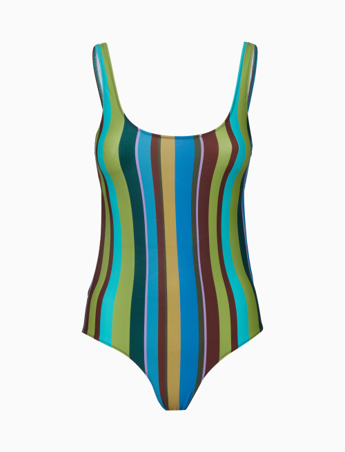 Women's green one-piece swimsuit with multicoloured stripes - Beachwear | Gallo 1927 - Official Online Shop