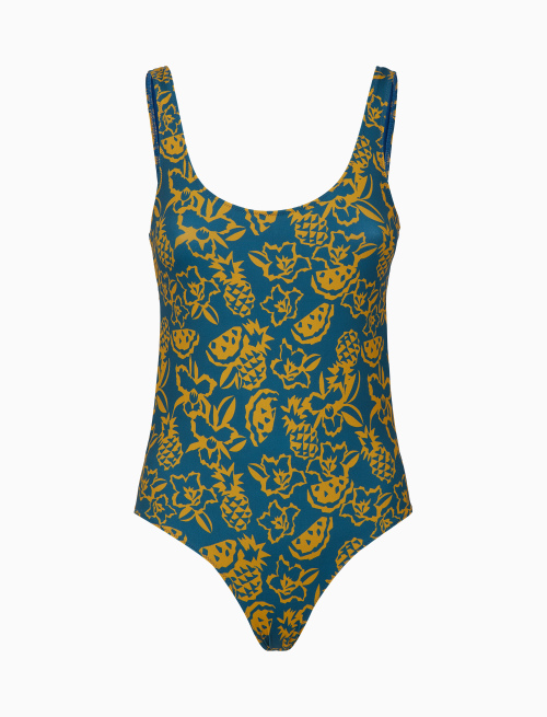 Women's light blue one-piece swimsuit with pineapple, watermelon and flower motif - Beachwear | Gallo 1927 - Official Online Shop