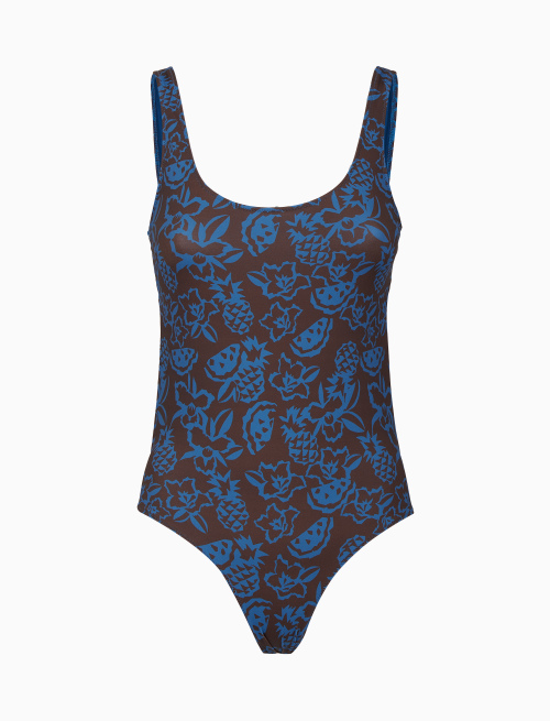 Women's brown one-piece swimsuit with pineapple, watermelon and flower motif - Beachwear | Gallo 1927 - Official Online Shop