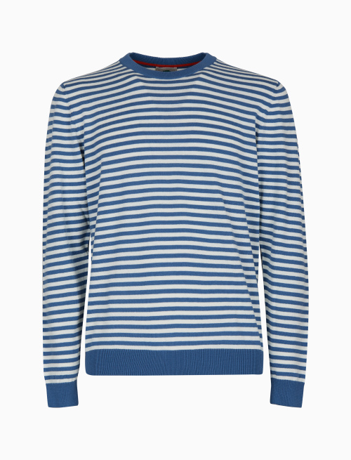 Men's light blue crew-neck cotton pullover with two-tone stripe pattern - Knitwear | Gallo 1927 - Official Online Shop
