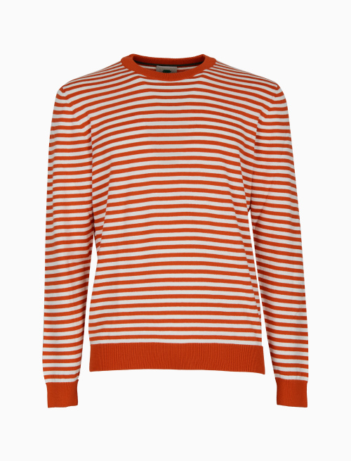 Men's orange crew-neck cotton pullover with two-tone stripe pattern - Knitwear | Gallo 1927 - Official Online Shop