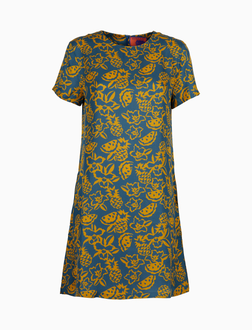 Women's light blue viscose mini dress with flower, pineapple and watermelon motif - Dresses | Gallo 1927 - Official Online Shop