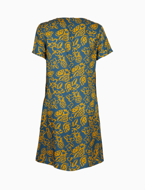 Women's light blue viscose mini dress with flower, pineapple and watermelon motif - Clothing | Gallo 1927 - Official Online Shop