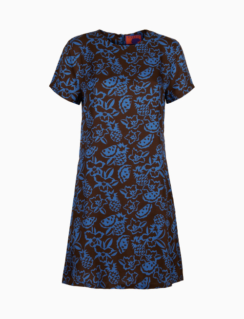Women's brown viscose mini dress with flower, pineapple and watermelon motif - Dresses | Gallo 1927 - Official Online Shop