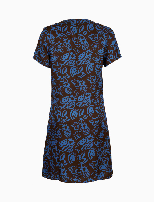 Women's brown viscose mini dress with flower, pineapple and watermelon motif - Clothing | Gallo 1927 - Official Online Shop