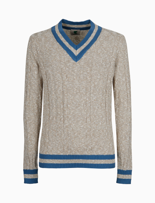 Unisex plain beige cotton V-neck pullover with contrasting striped edging - Knitwear | Gallo 1927 - Official Online Shop