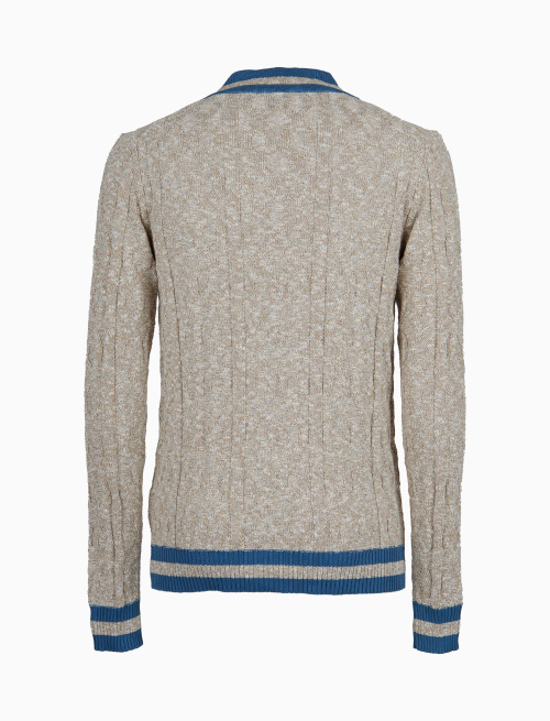 Unisex plain beige cotton V-neck pullover with contrasting striped edging - Clothing | Gallo 1927 - Official Online Shop