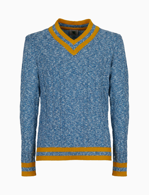 Unisex plain blue cotton V-neck pullover with contrasting striped edging - Knitwear | Gallo 1927 - Official Online Shop
