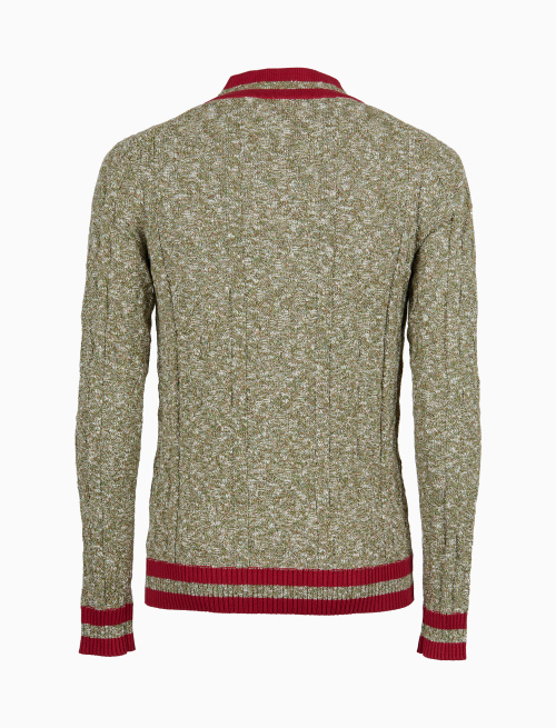 Unisex plain green cotton V-neck pullover with contrasting striped edging - Clothing | Gallo 1927 - Official Online Shop