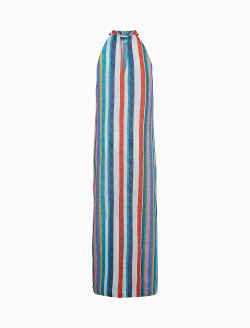 Women's long linen white halter-shoulder dress with multicoloured detail - Clothing | Gallo 1927 - Official Online Shop
