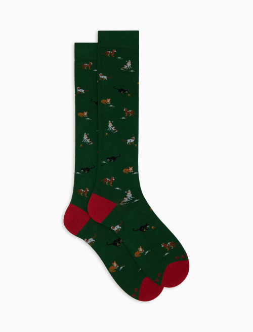 Calze lunghe uomo cotone verde fantasia gatti con topini e gomitoli - Black Friday Uomo | Gallo 1927 - Official Online Shop