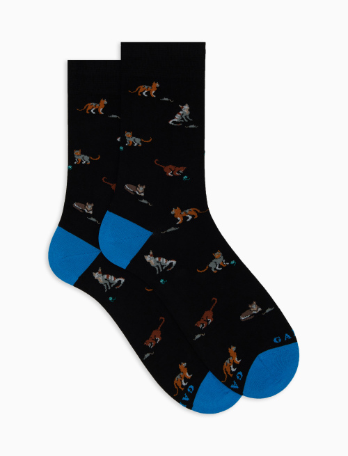Men's short black cotton socks with cat, mouse and yarn ball motif - Short | Gallo 1927 - Official Online Shop