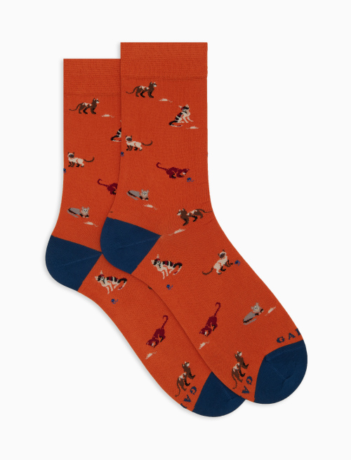 Men's short orange cotton socks with cat, mouse and yarn ball motif - Short | Gallo 1927 - Official Online Shop