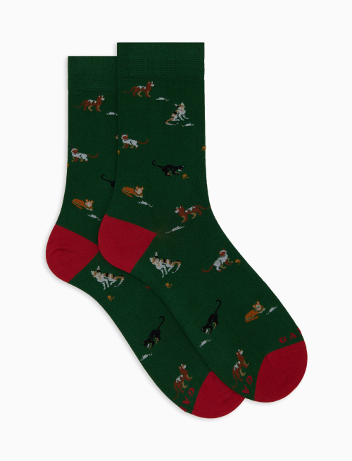 Men's short green cotton socks with cat, mouse and yarn ball motif - Short | Gallo 1927 - Official Online Shop