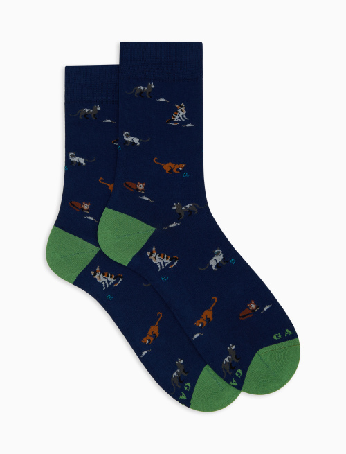 Men's short blue cotton socks with cat, mouse and yarn ball motif - Short | Gallo 1927 - Official Online Shop