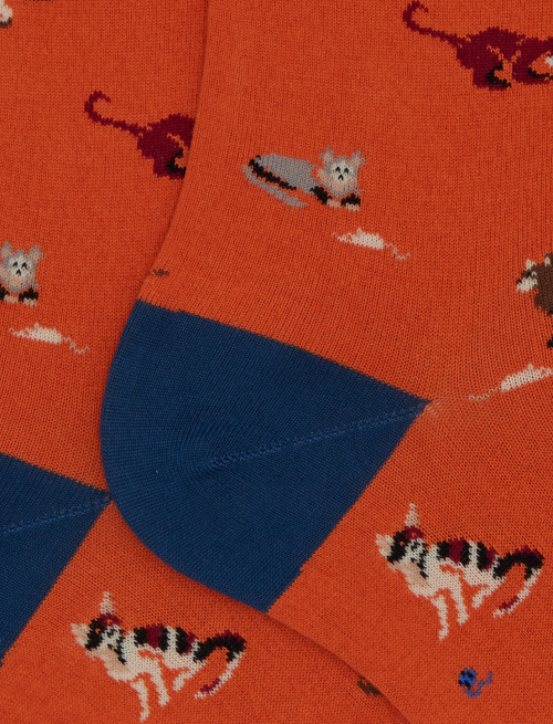 Women's short orange cotton socks with cat, mouse and yarn ball motif - Socks | Gallo 1927 - Official Online Shop