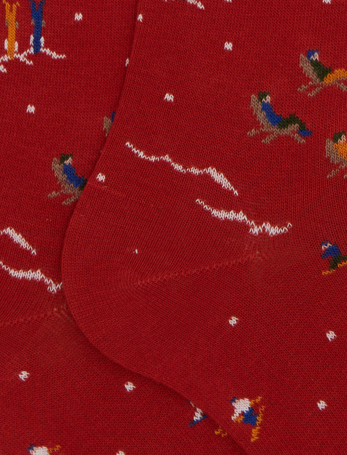 Women's long red cotton socks with mountain and skier motif - Socks | Gallo 1927 - Official Online Shop