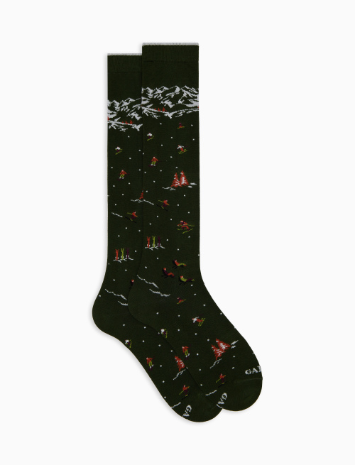 Women's long green cotton socks with mountain and skier motif - Socks | Gallo 1927 - Official Online Shop