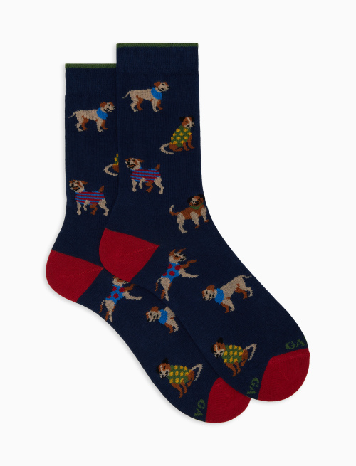 Men's short blue cotton socks with dog motif - Short | Gallo 1927 - Official Online Shop
