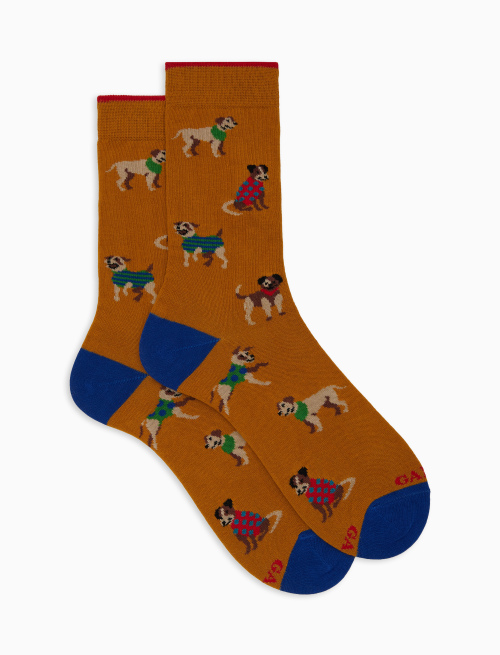 Men's short yellow cotton socks with dog motif - Short | Gallo 1927 - Official Online Shop