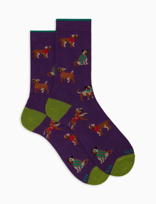 Women's short purple cotton socks with dog motif - Socks | Gallo 1927 - Official Online Shop