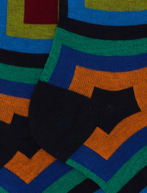 Women's long blue cotton socks with concentric square motif - Socks | Gallo 1927 - Official Online Shop