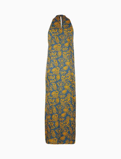 Women's long dress with American shoulder light blue patterned flowers, pineapples and watermelons - Clothing | Gallo 1927 - Official Online Shop
