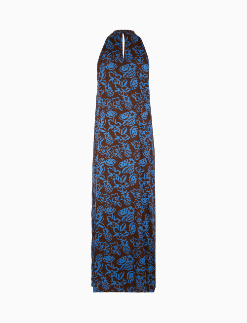 Women's long dress with American shoulder brown patterned flowers, pineapples and watermelons - Clothing | Gallo 1927 - Official Online Shop