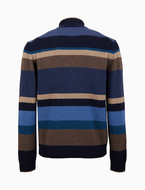Men's blue wool, viscose and cashmere mock-neck with multicoloured stripes - Clothing | Gallo 1927 - Official Online Shop
